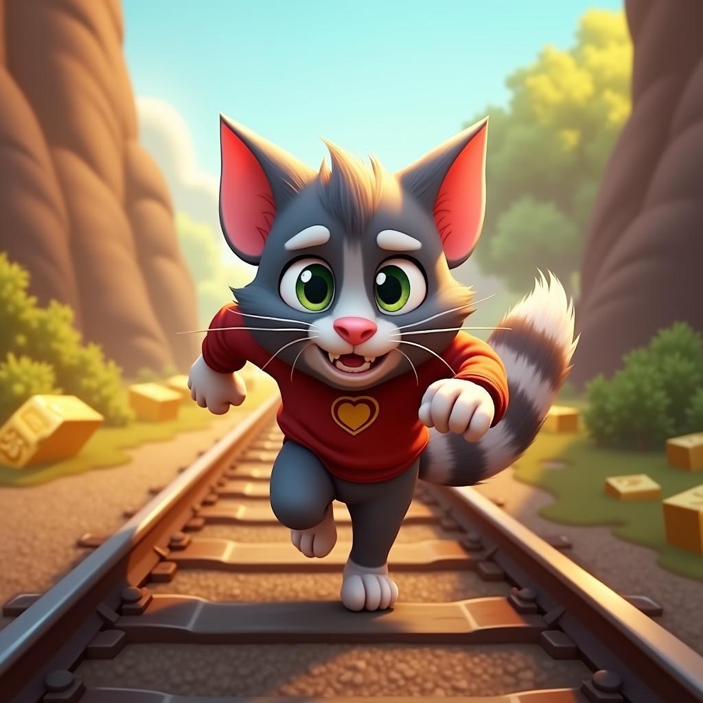 Mèo Tom đuổi theo Raccoon trên đường ray xe lửa để lấy lại vàng bị cướp trong game Tom Gold Run.