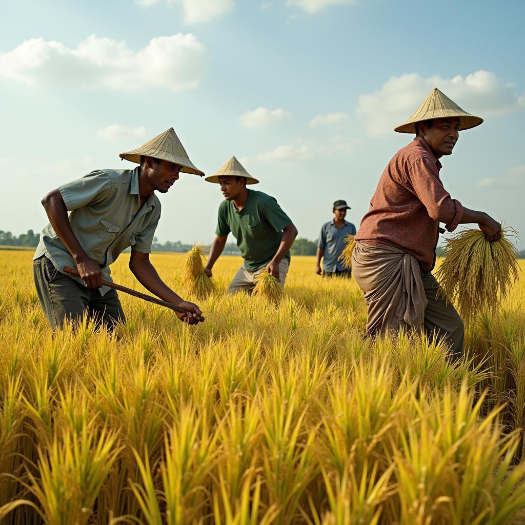 Nông dân gặt lúa trong ngày mùa vui thôn trang