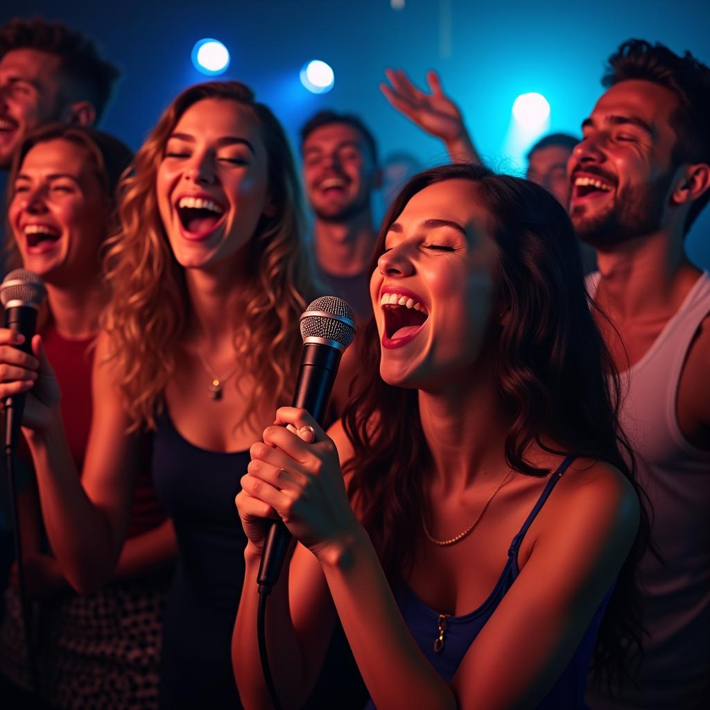 Hình ảnh về một nhóm bạn trẻ đang vui vẻ hát karaoke theo nhạc Pop