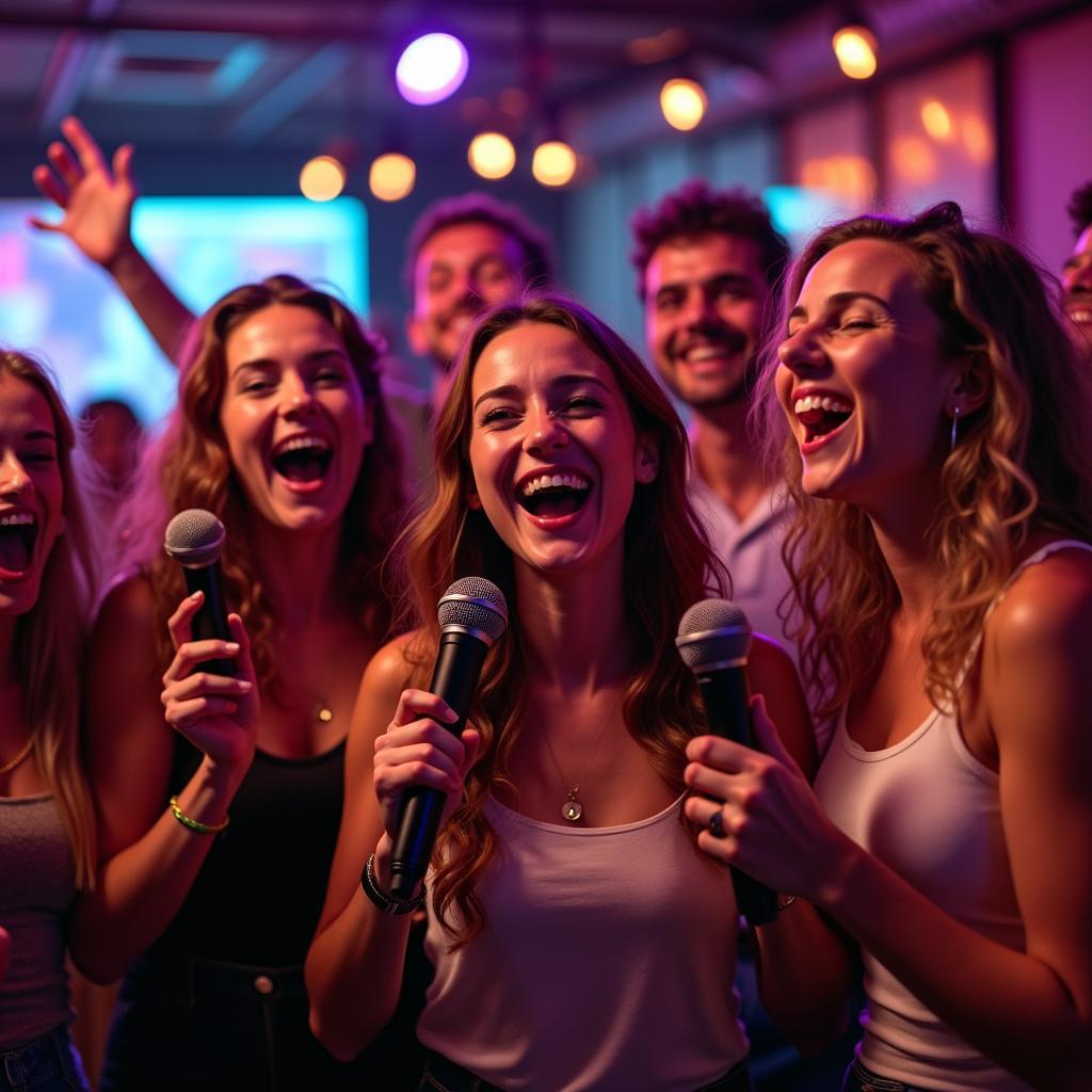 Nhóm bạn trẻ vui vẻ hát karaoke cùng nhau