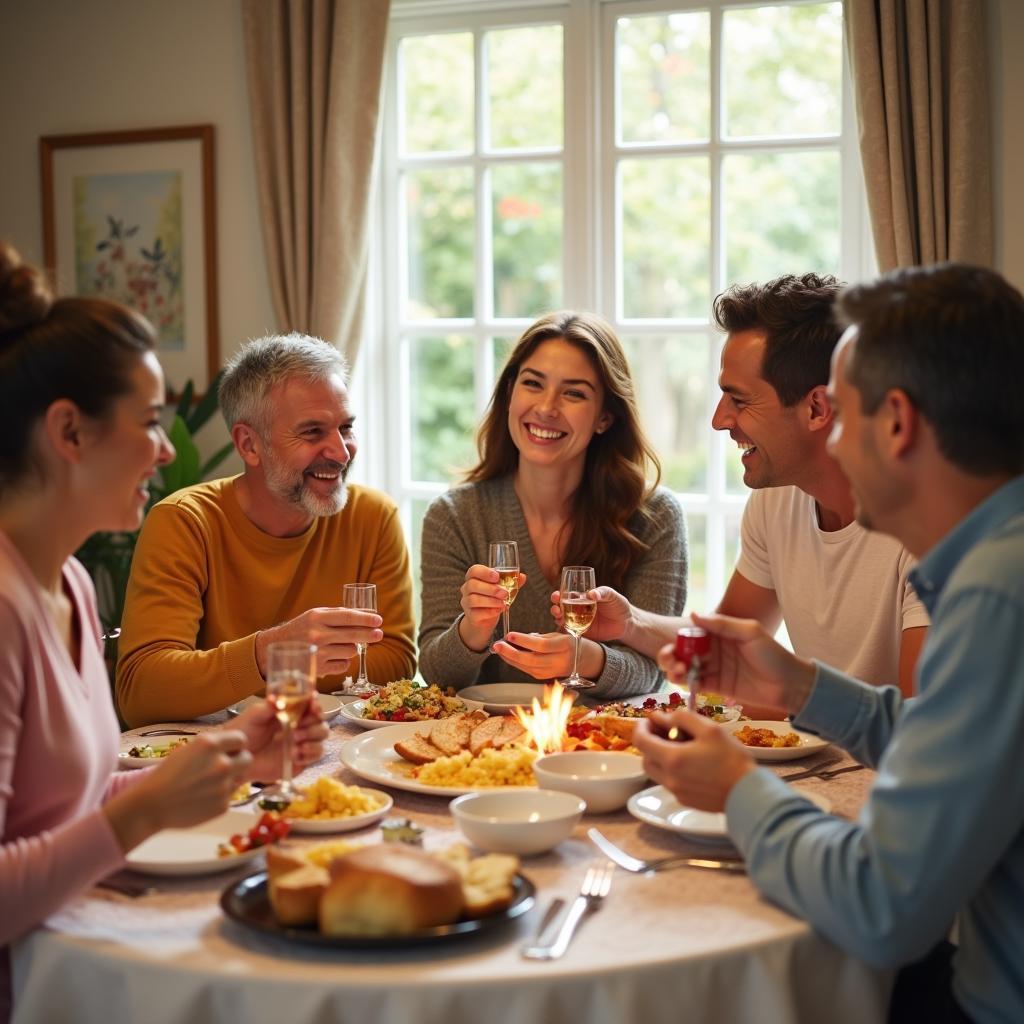 Niềm an vui hàng ngày: Hình ảnh một gia đình đang cùng nhau ăn tối, trò chuyện vui vẻ và ấm cúng.