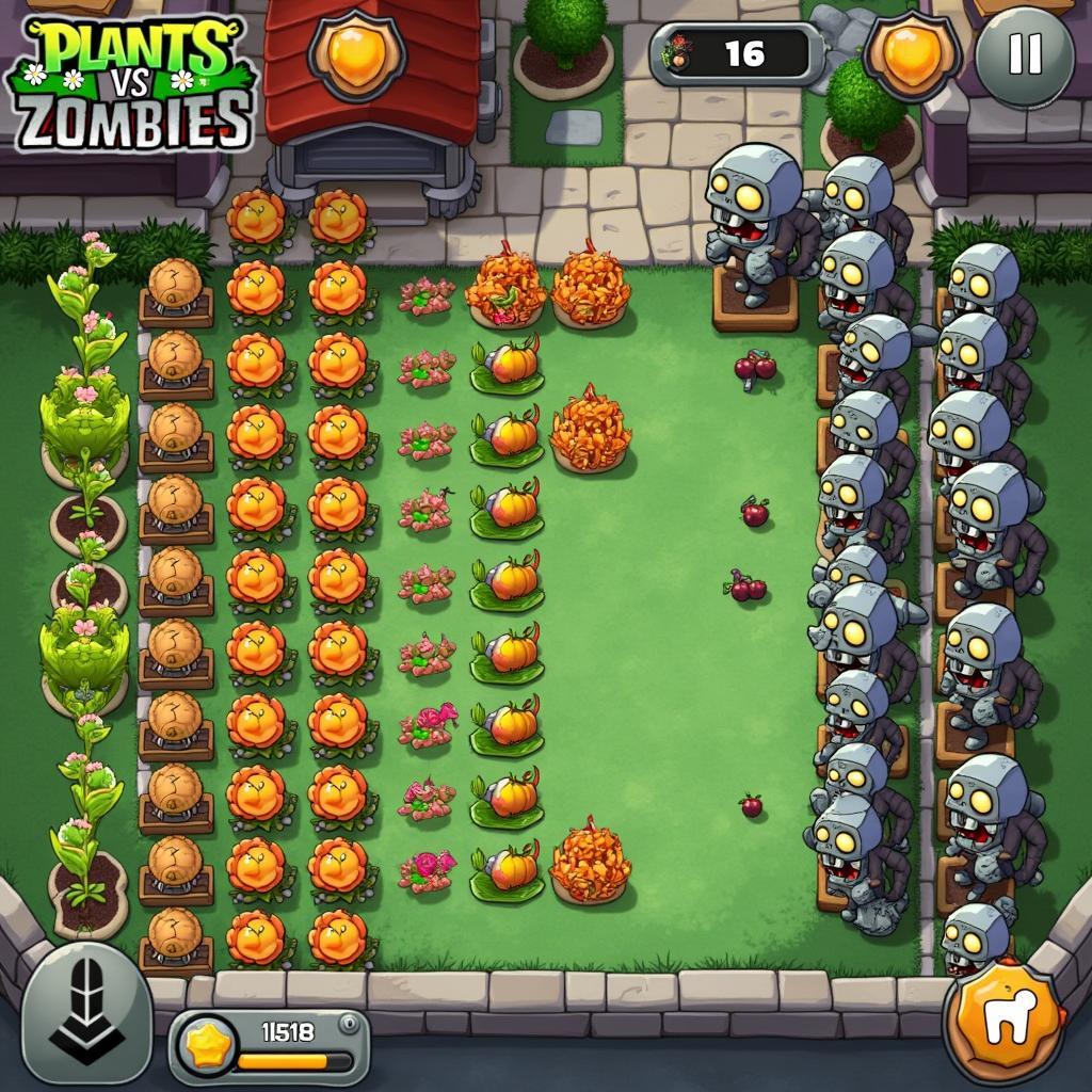 Màn hình chơi Plants vs Zombies 1 với hàng phòng thủ cây trồng chống lại zombie.