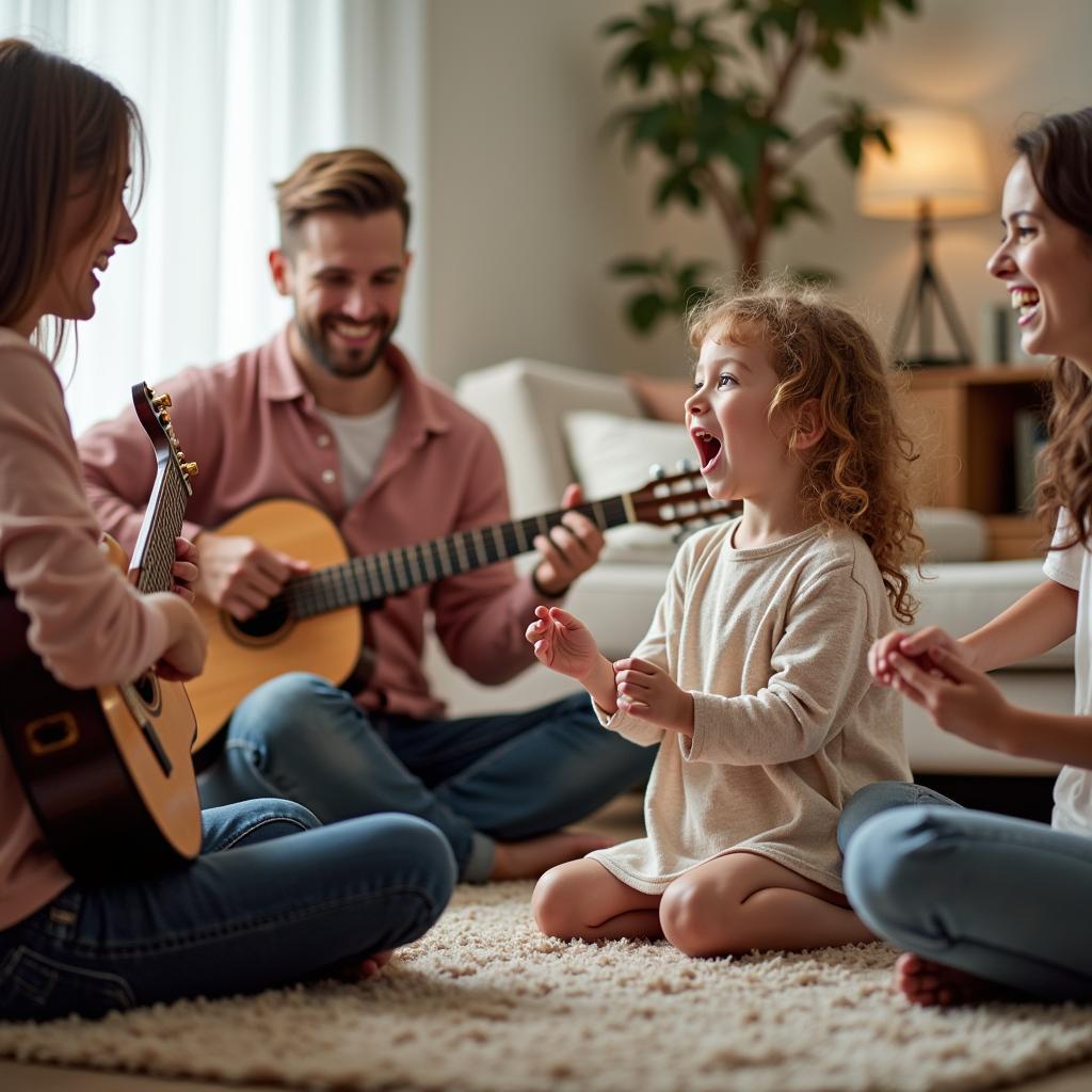 Tạo không gian âm nhạc vui nhộn cho bé với hình ảnh gia đình cùng nhau hát và nhảy múa.