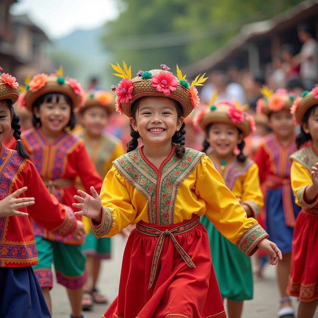 Trẻ em tham gia múa ngày mùa vui thôn trang