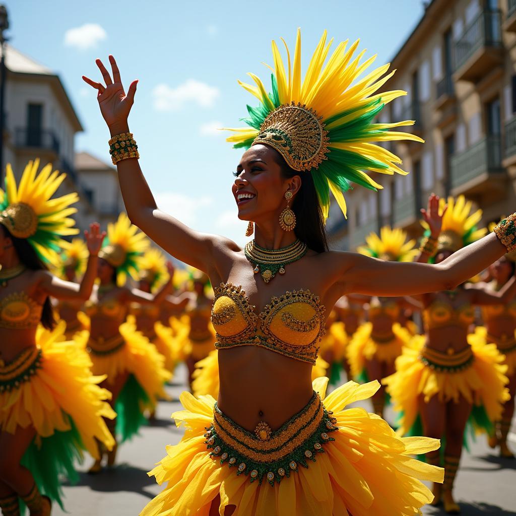 Vũ điệu Samba sôi động tại lễ hội Carnival ở Rio de Janeiro, Brazil, thể hiện tinh thần vui vẻ và đầy năng lượng của người dân Brazil.