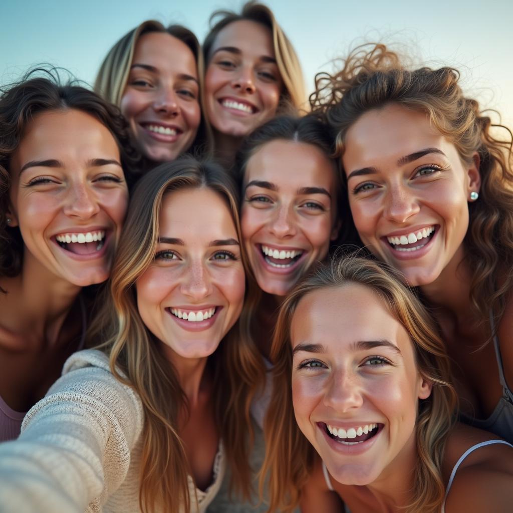 Nhóm bạn thân chụp ảnh selfie, khuôn mặt tràn đầy niềm vui và sự phấn khích.