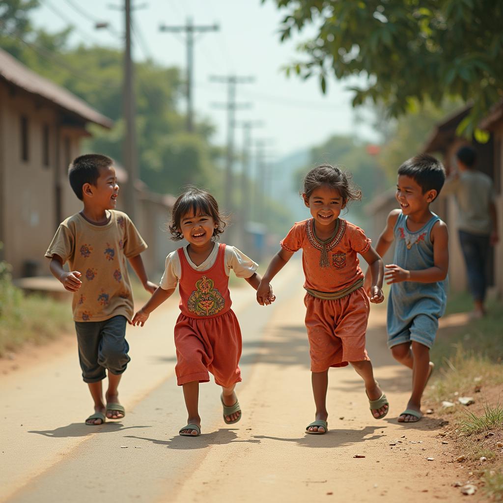 Trẻ em vui chơi cùng nhau bên đường làng, gợi nhớ về tuổi thơ hồn nhiên, vô tư