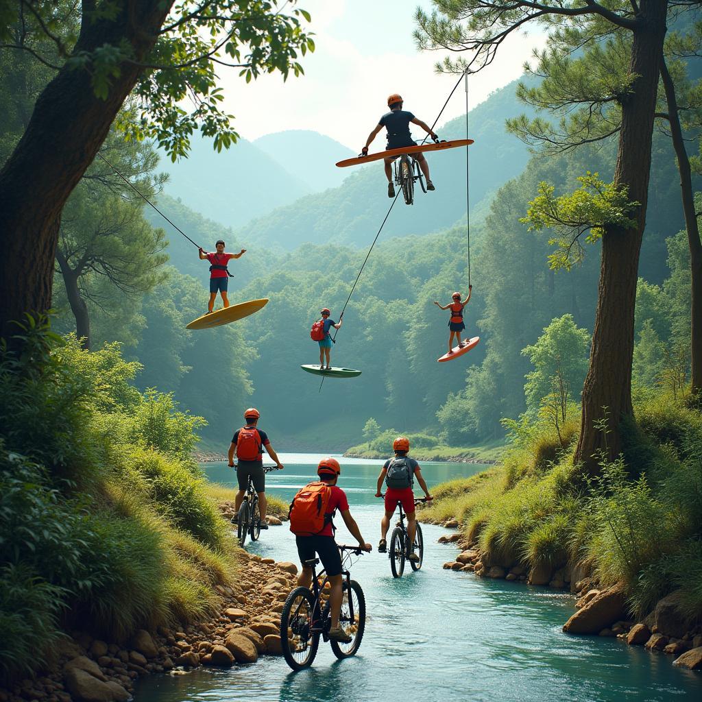 Du khách tham gia các hoạt động vui chơi giải trí tại Đà Lạt như đi xe đạp, chèo thuyền kayak, và zipline.