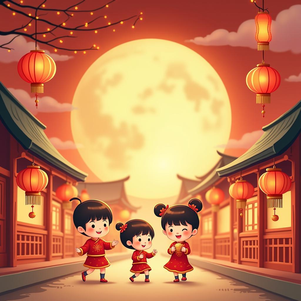 Chúc mừng Trung Thu bằng tiếng Anh: Hình ảnh đèn lồng, bánh trung thu và trẻ em rước đèn.