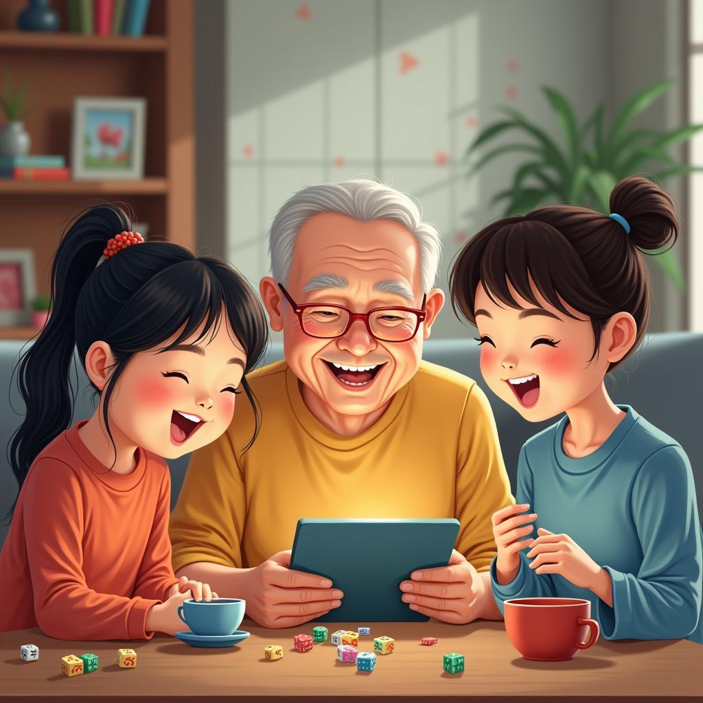 Các thành viên trong gia đình Trung Quốc cùng nhau chơi game online, sử dụng mạng xã hội để kết nối và chia sẻ khoảnh khắc vui vẻ.