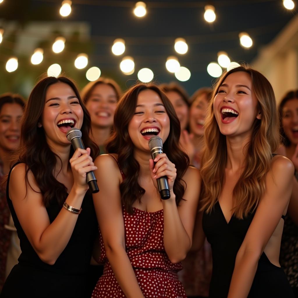 Hát Karaoke Đất Nước Trọn Niềm Vui - Hình ảnh một nhóm bạn trẻ đang hát karaoke "Đất Nước Trọn Niềm Vui" với nụ cười rạng rỡ, thể hiện sự vui vẻ và gắn kết.