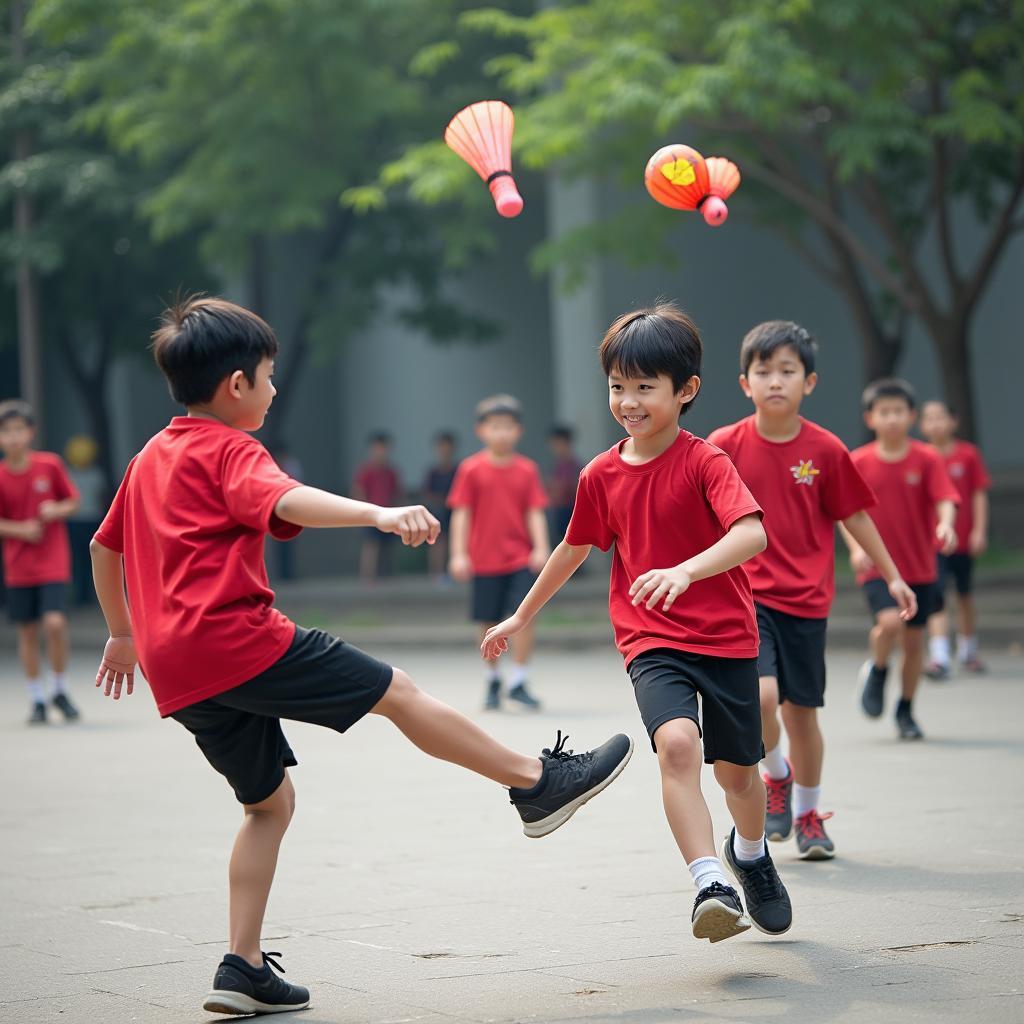 Học sinh đá cầu ở sân trường