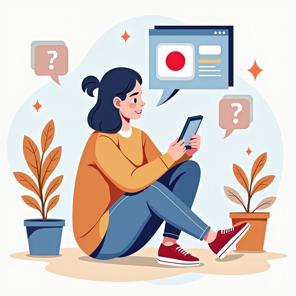 Học tiếng Nhật online qua ứng dụng: Hình ảnh minh họa một người đang sử dụng điện thoại để học tiếng Nhật qua ứng dụng di động.
