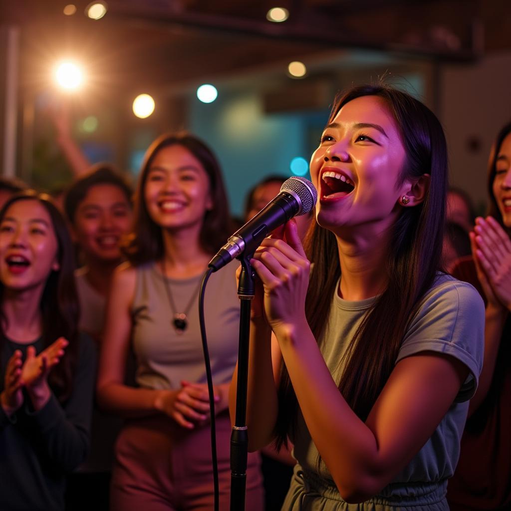 Hình ảnh karaoke bài hát Ngày Vui Qua Mau của ca sĩ Đan Nguyên trong buổi họp mặt bạn bè