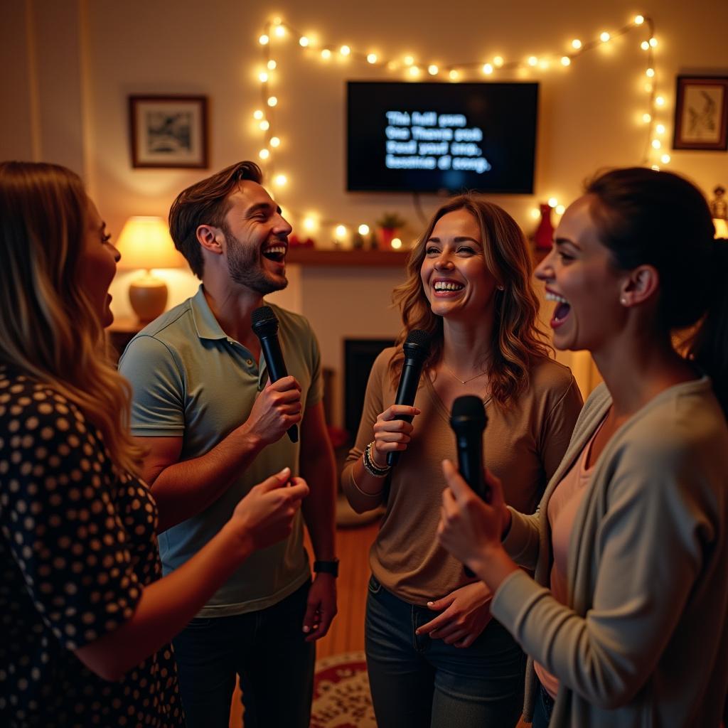 Gia đình sum họp hát karaoke nhạc vui nhộn.