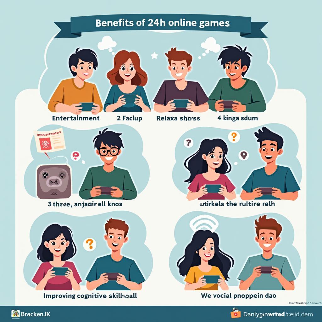 Hình ảnh minh họa lợi ích của việc chơi game 24h, bao gồm giải trí, thư giãn, rèn luyện kỹ năng và kết nối bạn bè.  Hình ảnh cho thấy một nhóm bạn đang chơi game cùng nhau, vẻ mặt vui vẻ và hào hứng.