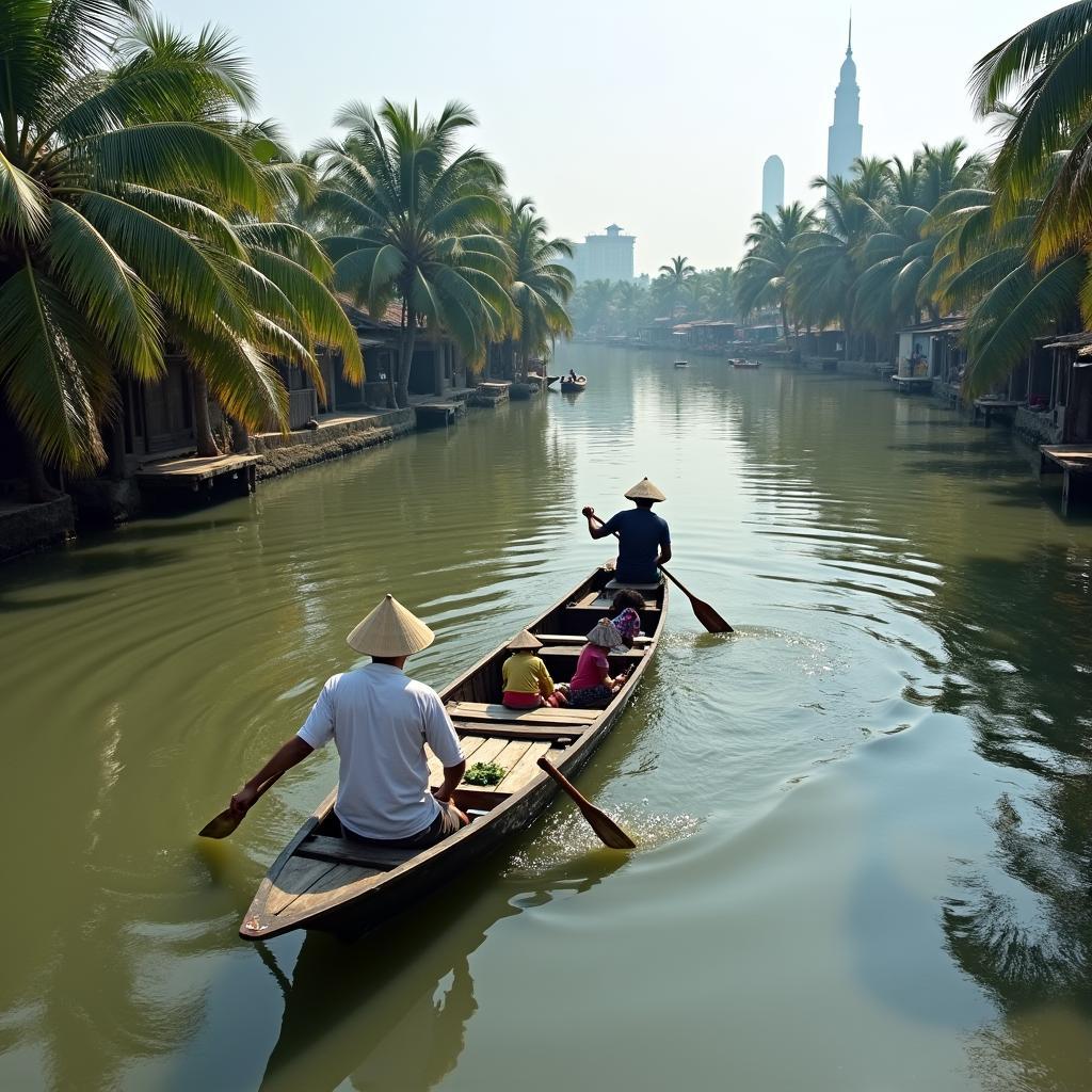 Người dân địa phương chèo xuồng trên sông nước miền Tây