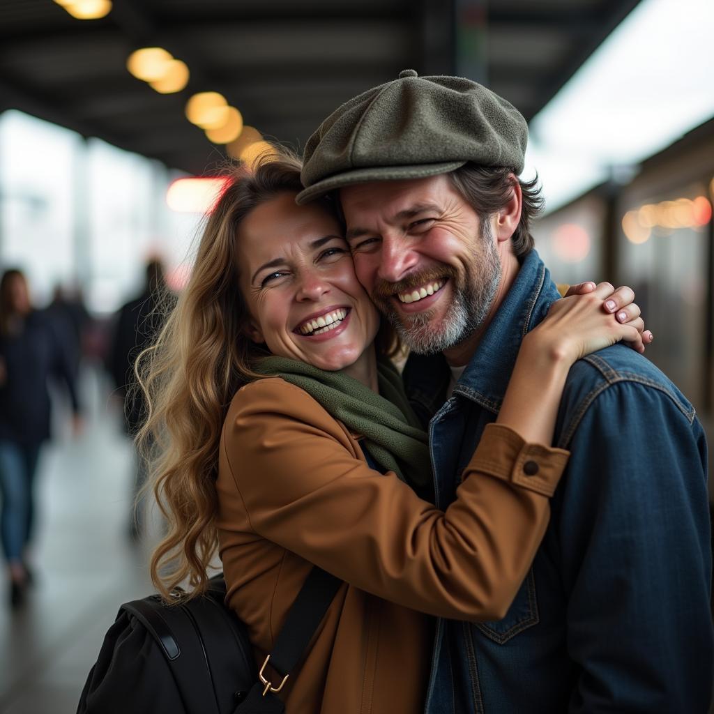 A woman wishing a man a good trip