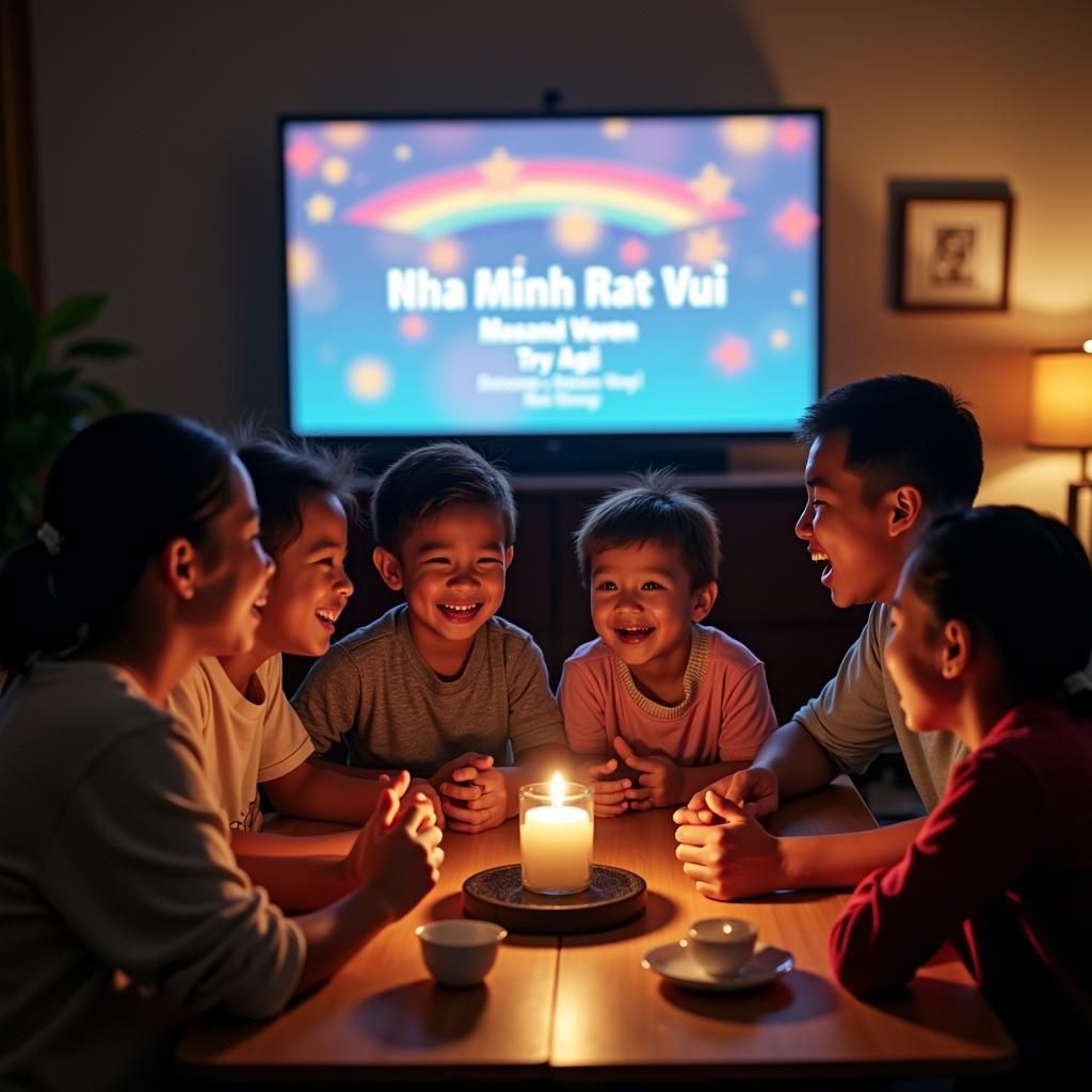 Gia đình sum vầy hát karaoke bài "Nhà mình rất vui"