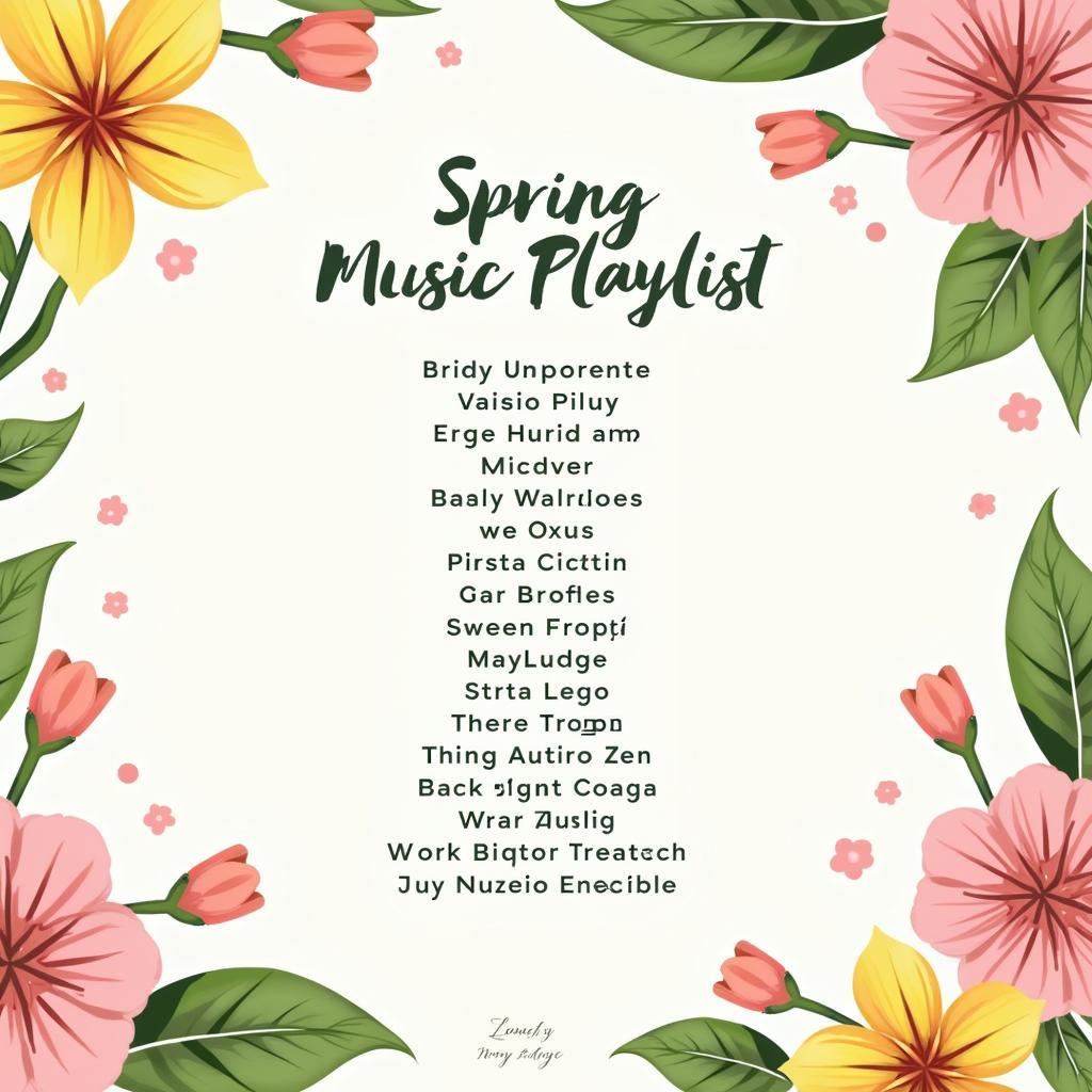 Hình ảnh minh họa một playlist nhạc với các bài hát theo chủ đề mùa xuân, được trang trí bằng hoa lá và hình ảnh tươi sáng.