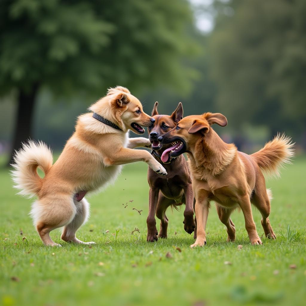 Những chú chó đang chơi đùa cùng nhau trên bãi cỏ