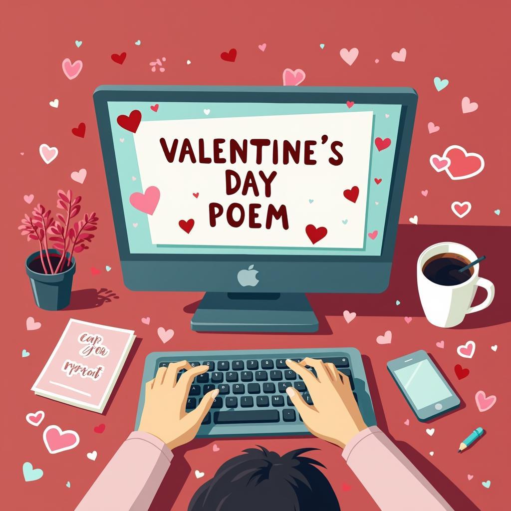 Một người đang viết thơ valentine vui trên máy tính