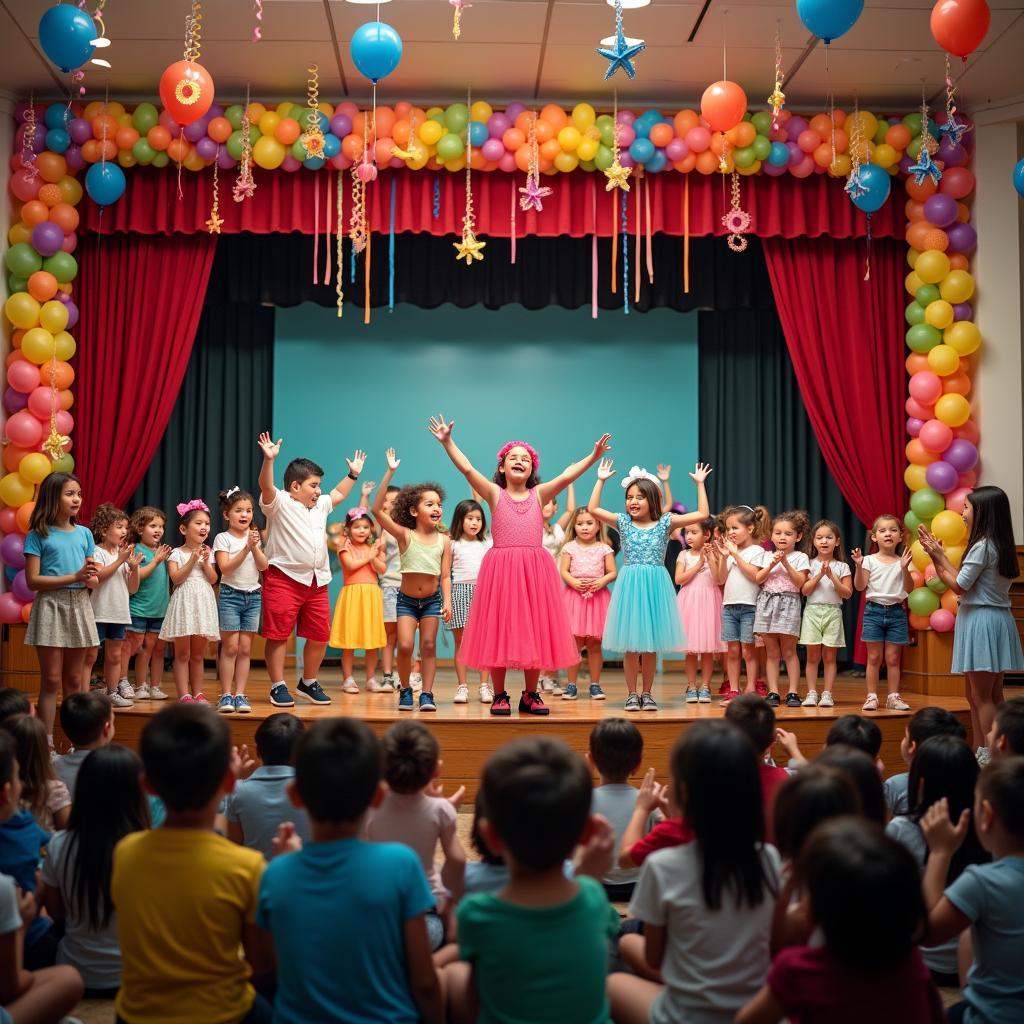 Children performing a joyful dance and song on stage at a school event, with colorful decorations and an enthusiastic audience.