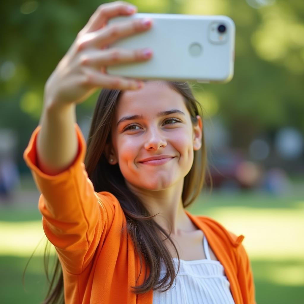 Cô gái đang selfie với biểu cảm hài hước