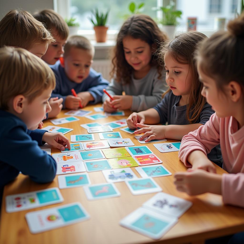 Children playing educational English games together.