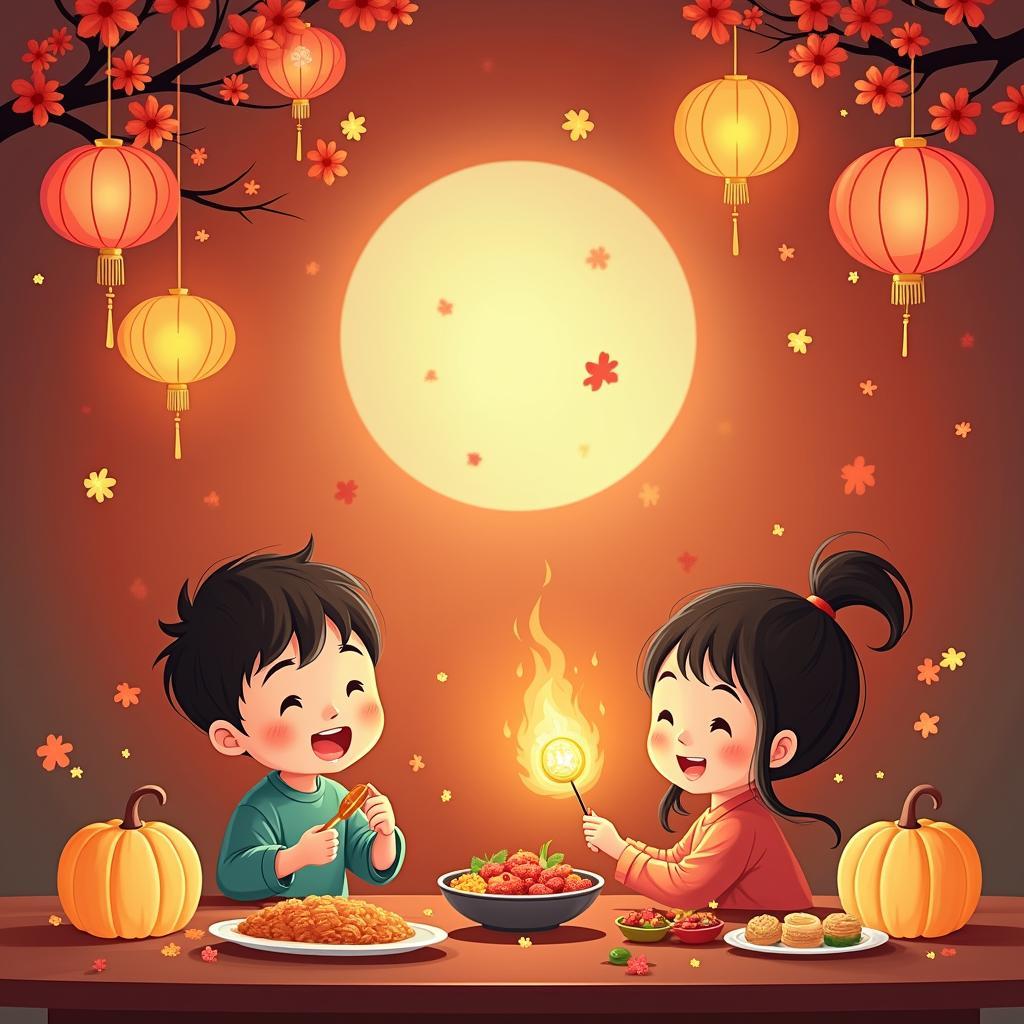 Trung Thu ý nghĩa văn hóa: Hình ảnh trẻ em chơi đùa với đèn lồng và phá cỗ Trung Thu.