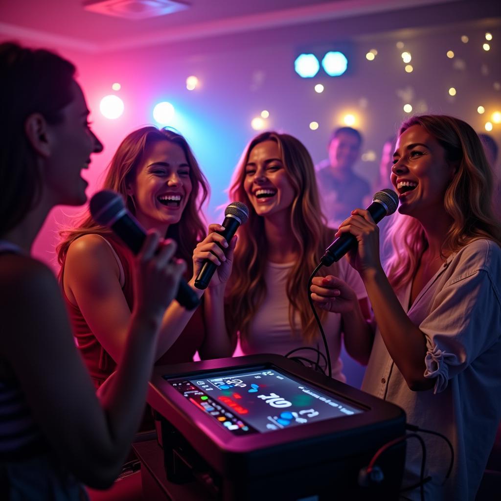 Bạn bè tụ tập vui vẻ hát karaoke