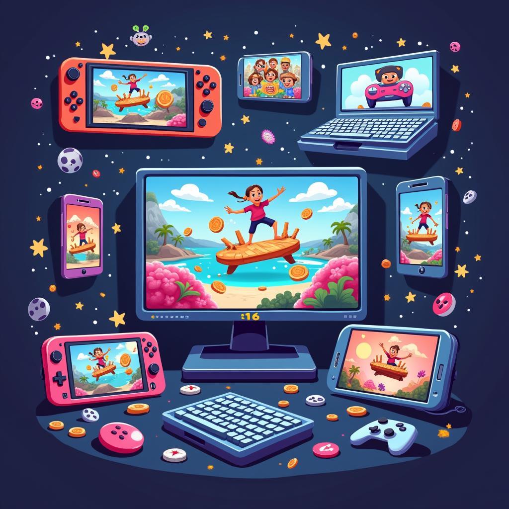 Vui quy trong game: Hình ảnh minh họa các loại game vui nhộn, từ game mobile, console đến PC, thể hiện sự đa dạng và phong phú của thế giới game giải trí.