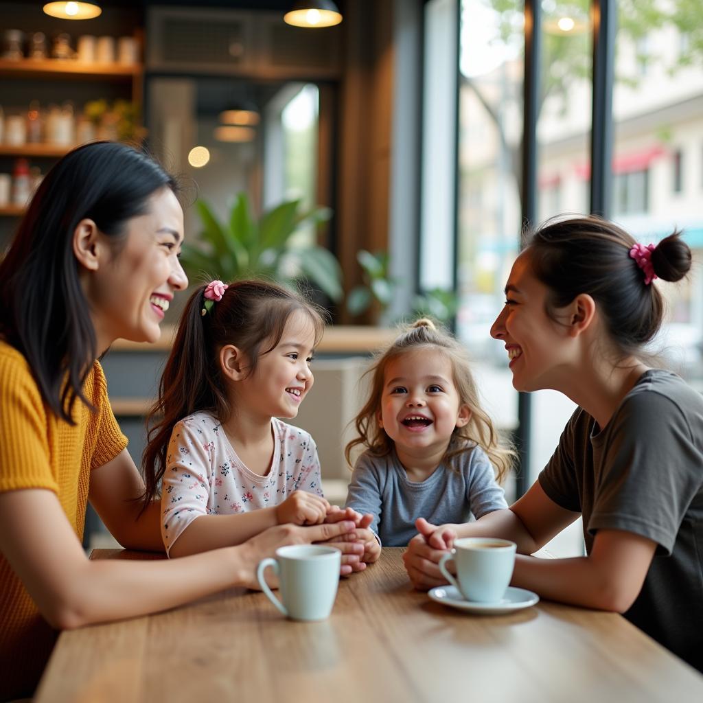 Gia đình sum họp vui vẻ tại quán cà phê có khu vui chơi trẻ em