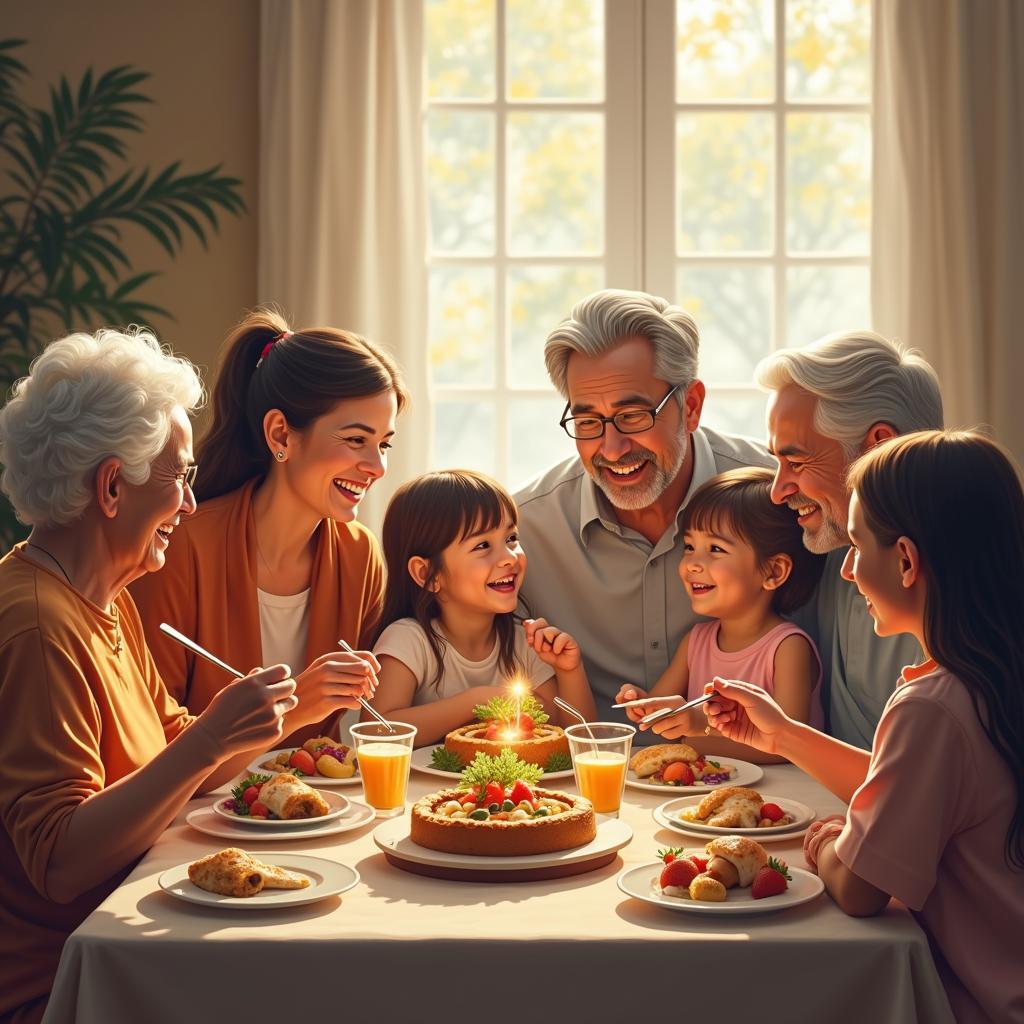 A family gathering with multiple generations enjoying a meal together, emphasizing the joy of togetherness.