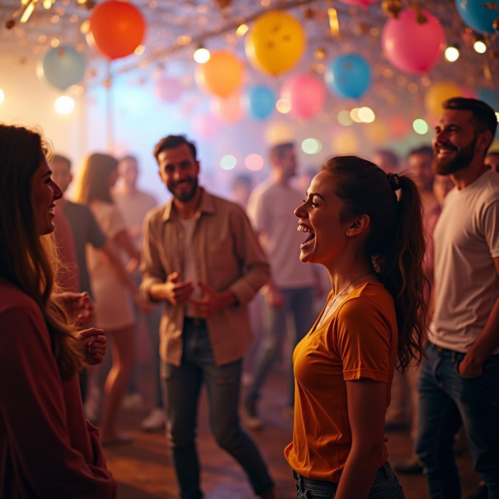 A lively party scene with people enjoying themselves, illustrating the concept of "the more the merrier"