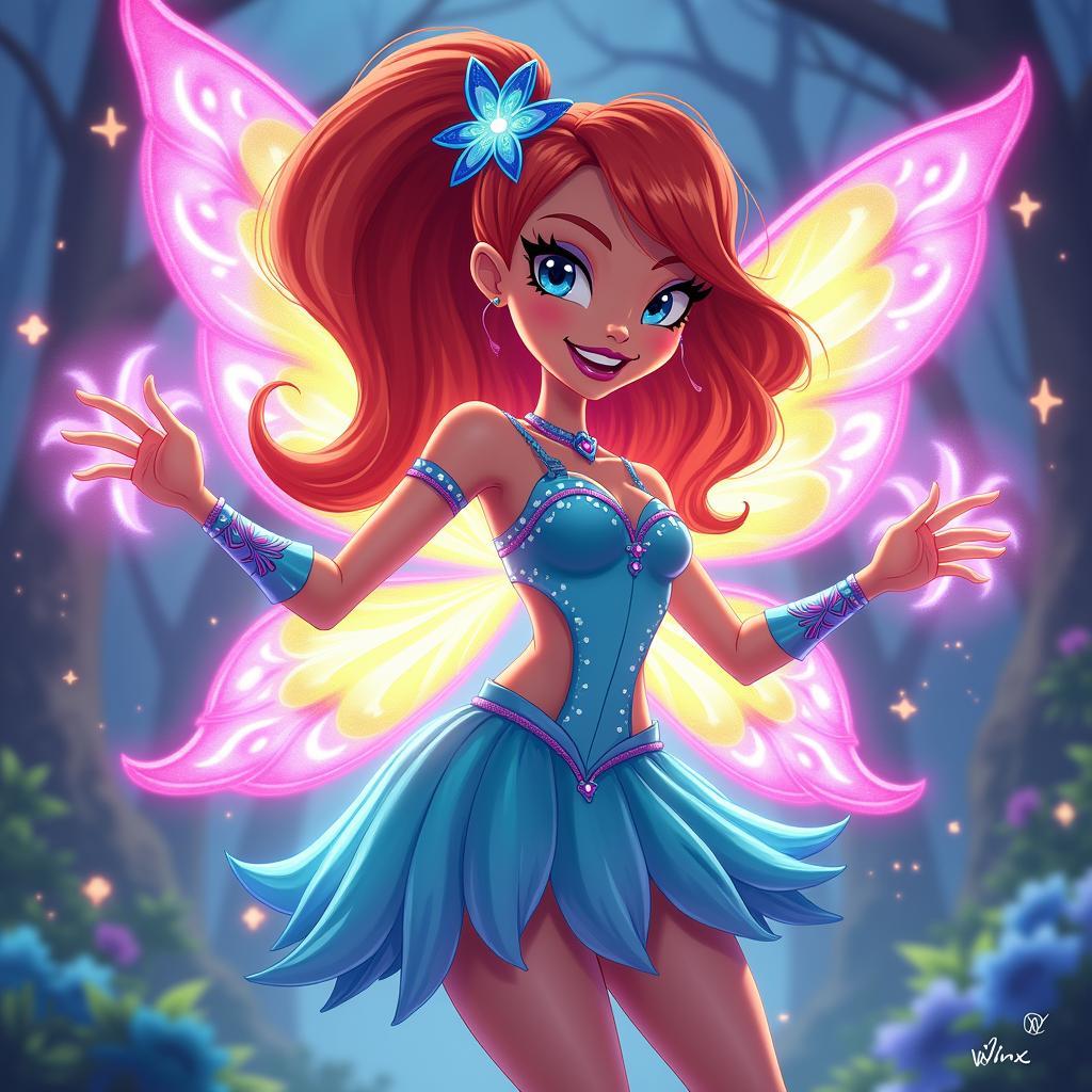 Hình ảnh Bloom, nàng tiên mạnh mẽ của Winx Club, đang sử dụng phép thuật trong một trò chơi.