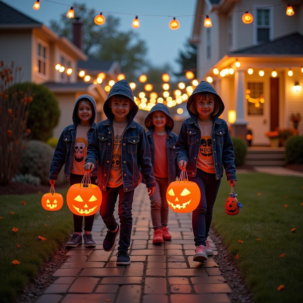 Hoạt động Halloween TPHCM: Hình ảnh một nhóm bạn trẻ đang tham gia hoạt động trick-or-treat tại một khu phố được trang trí Halloween.