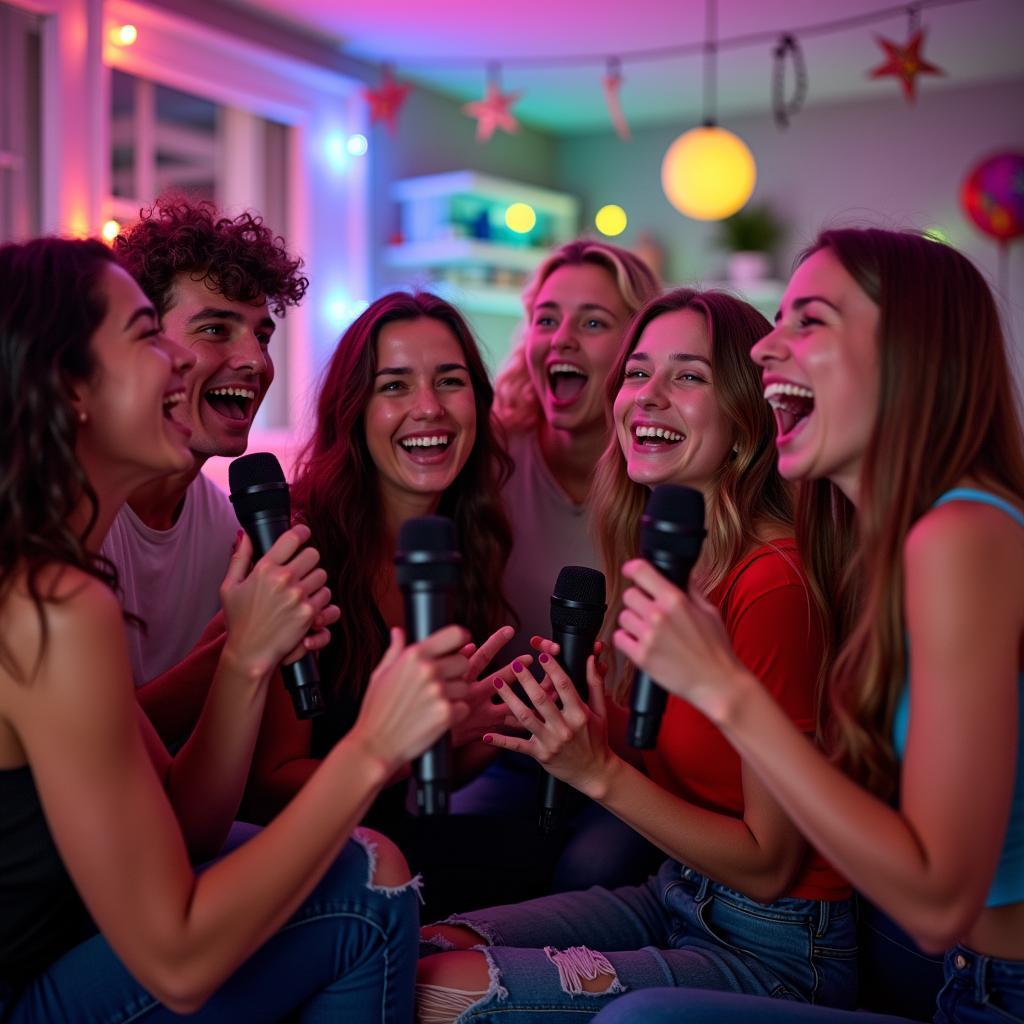 Bạn bè cùng nhau hát karaoke bài hát vui đến trường