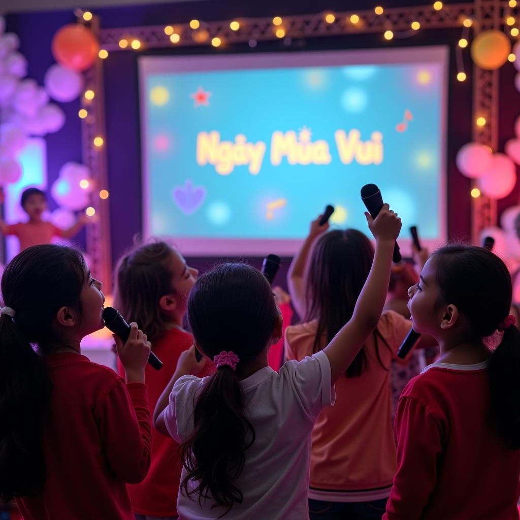 Các em nhỏ đang hát karaoke bài hát Ngày Mùa Vui