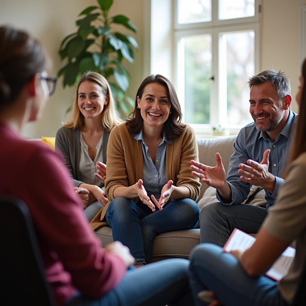 Adults learning English through group activities