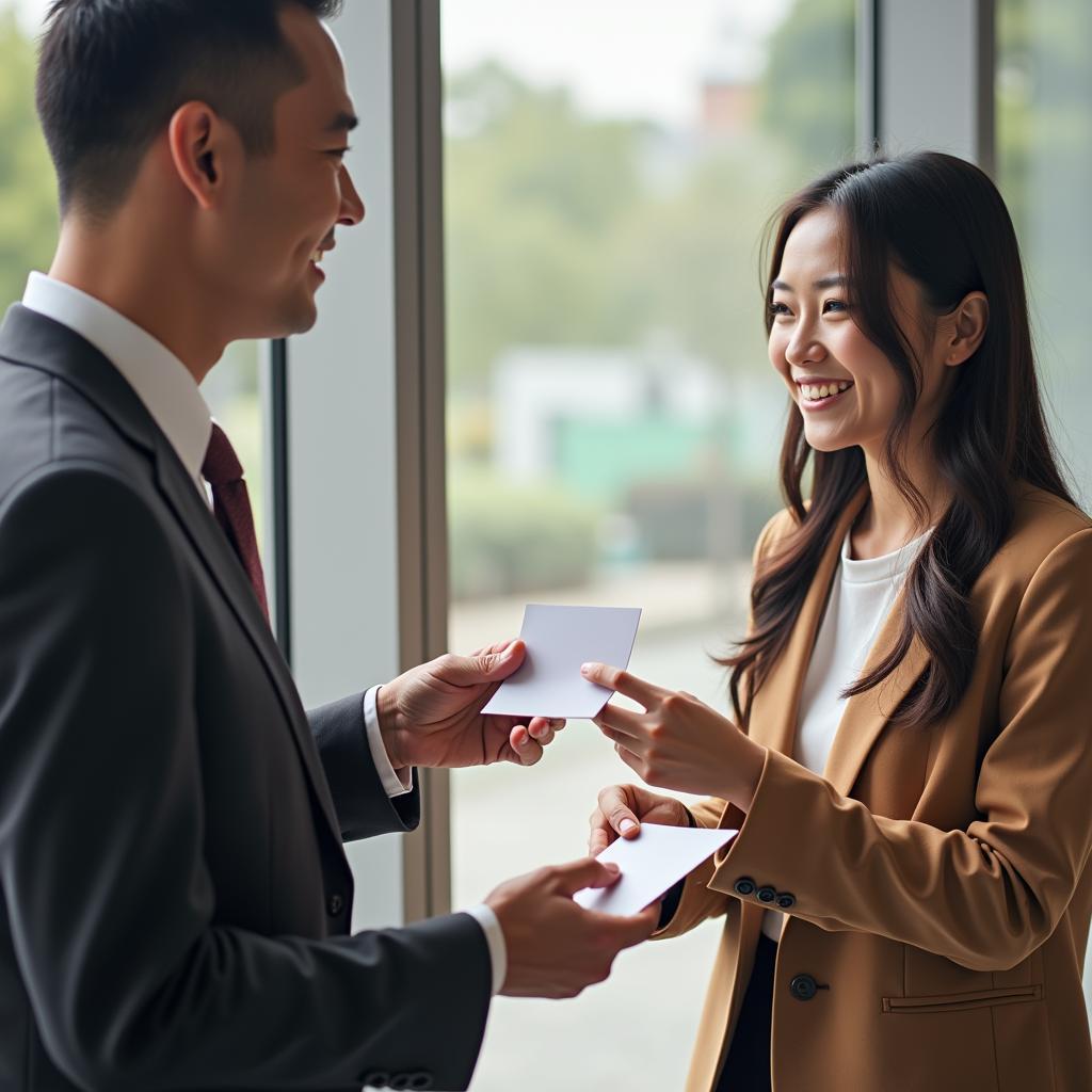 Two people exchanging business cards, a common practice in Chinese culture.