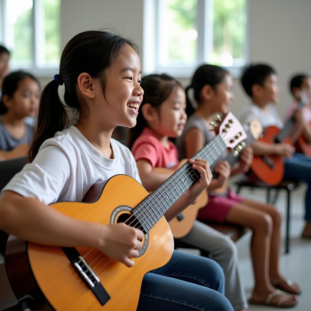 Trẻ em học hợp âm bài hát "Ngày Vui Qua Mau"