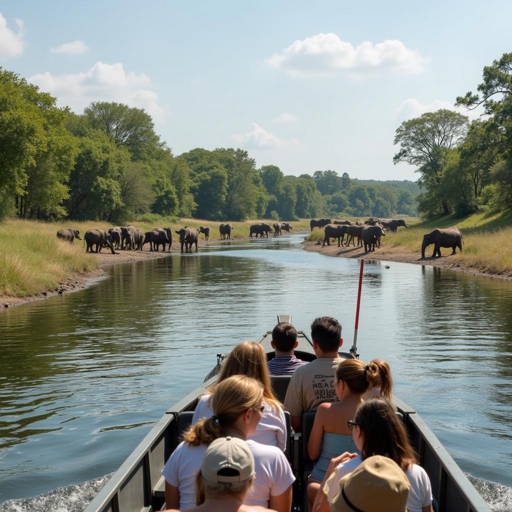 Du khách tham quan River Safari bằng thuyền, quan sát các loài động vật hoang dã hai bên bờ sông.