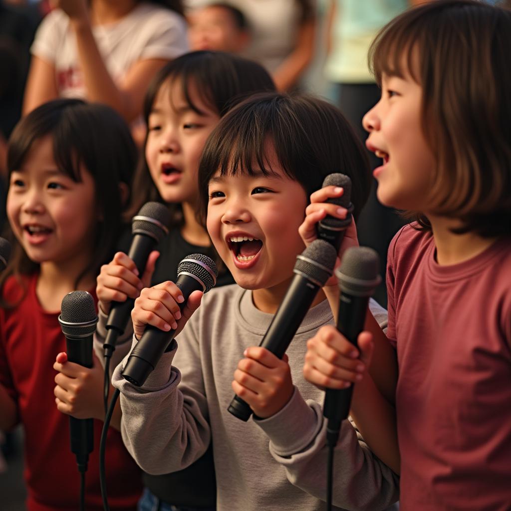 Các bé hát karaoke cùng nhau với nhạc Xuân Mai