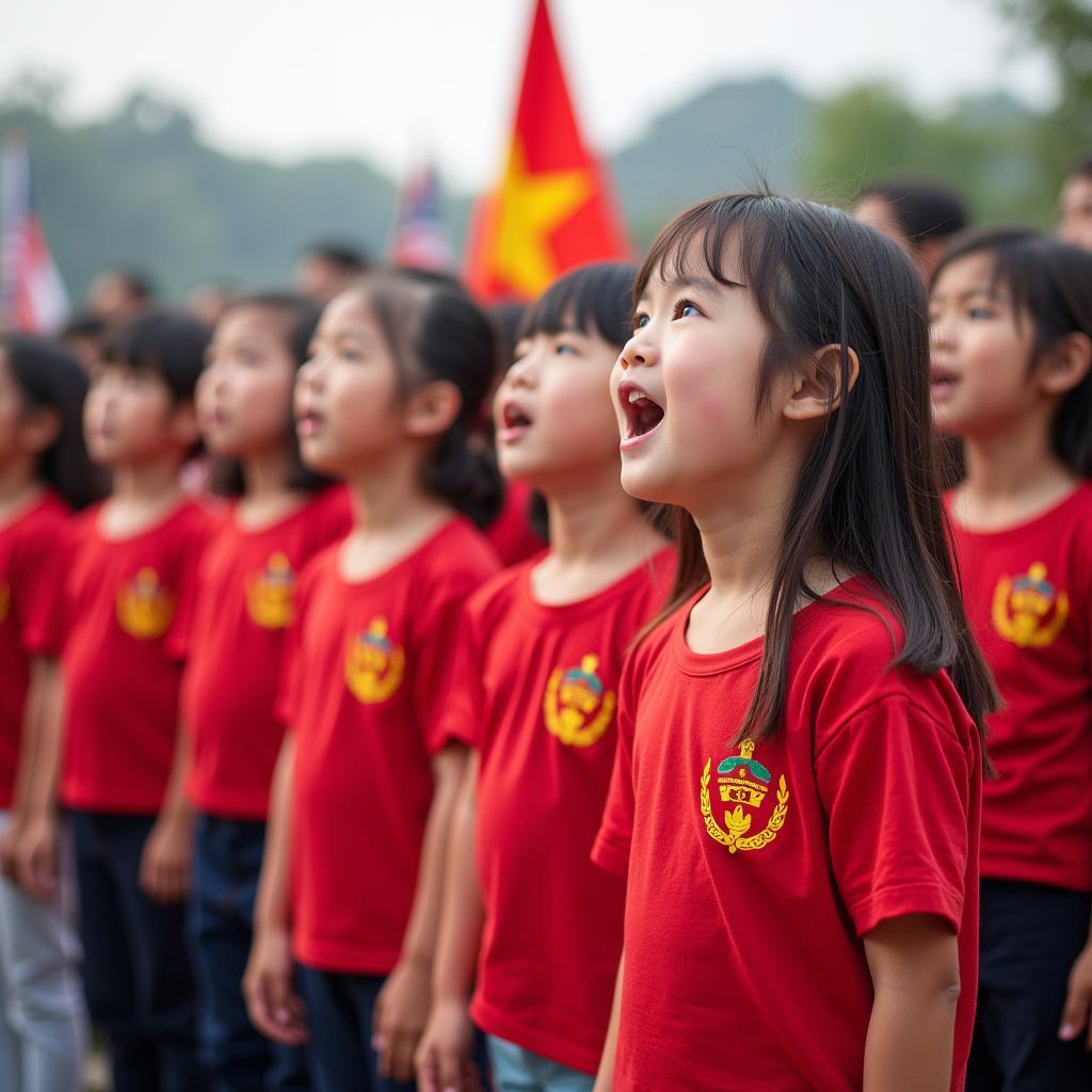 Hình ảnh các em nhỏ hát vang bài hát "Như Có Bác Hồ Trong Ngày Vui Đại Thắng" trong lễ chào cờ đầu tuần.